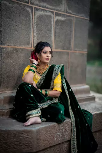 Green Velvet Sequins and Jari Dori Embroidered Lace Border with Sequins Butti work Saree