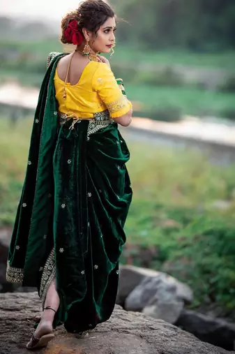 Green Velvet Sequins and Jari Dori Embroidered Lace Border with Sequins Butti work Saree