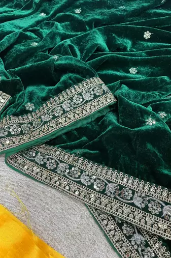 Green Velvet Sequins and Jari Dori Embroidered Lace Border with Sequins Butti work Saree
