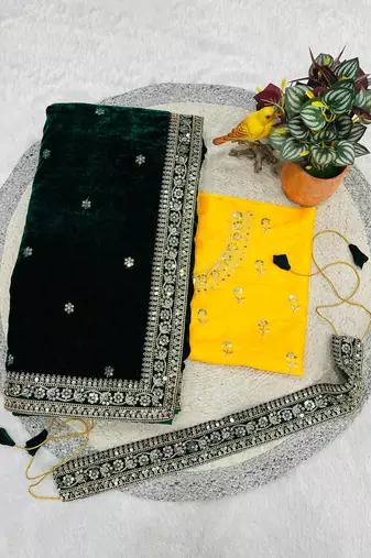 Green Velvet Sequins and Jari Dori Embroidered Lace Border with Sequins Butti work Saree