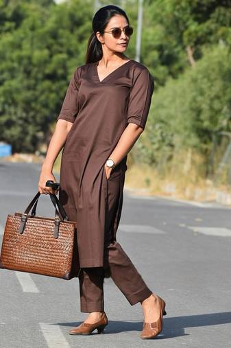 Solid Straight Brown Kurta Set for Women with Pant 3/4 Sleeve, V Neck Designer Kurta with Palazzo Pant Set