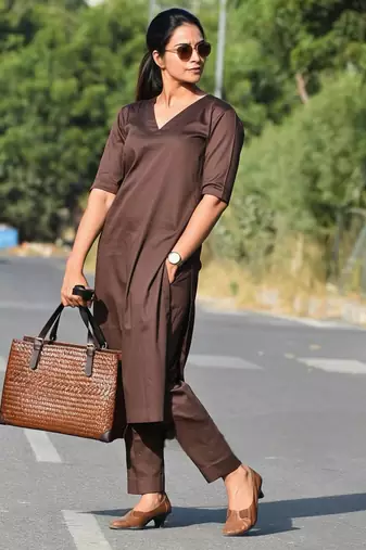 Solid Straight Brown Kurta Set for Women with Pant 3/4 Sleeve, V Neck Designer Kurta with Palazzo Pant Set
