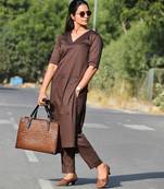 Solid Straight Brown Kurta Set for Women with Pant 3/4 Sleeve, V Neck Designer Kurta with Palazzo Pant Set
