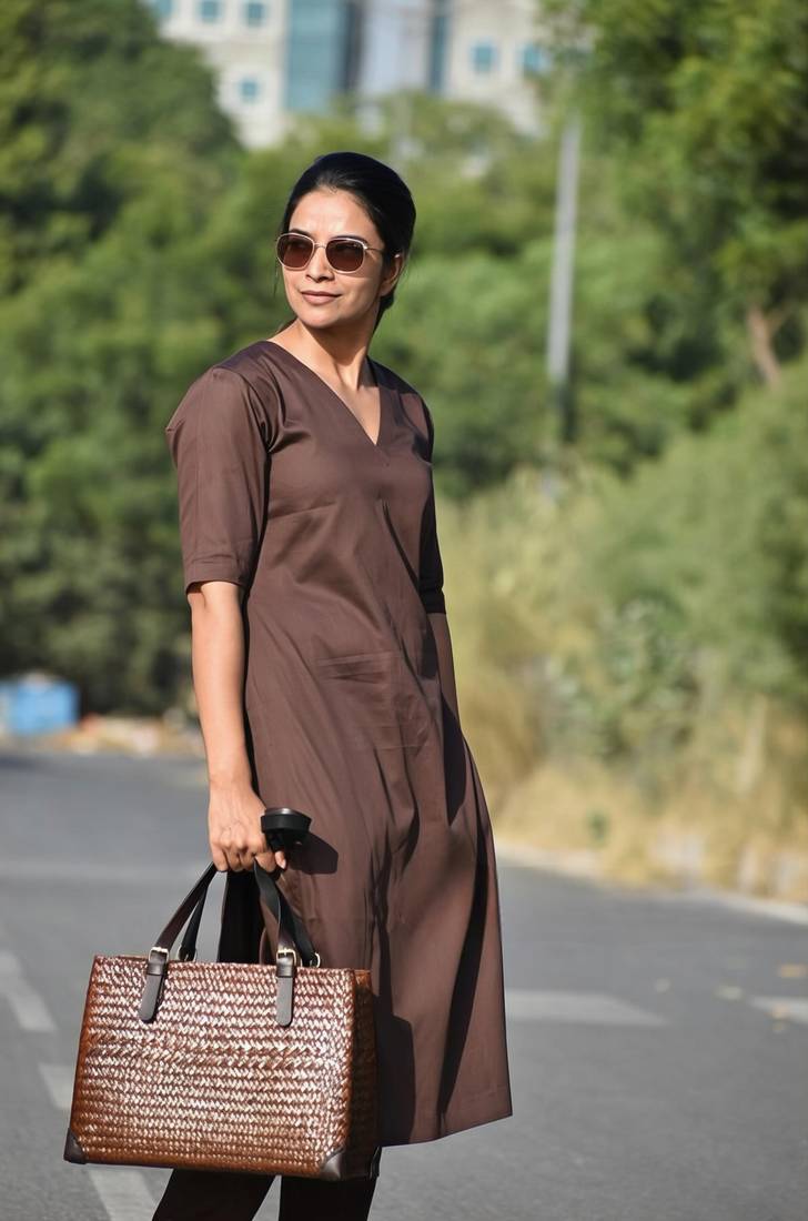 Solid Straight Brown Kurta Set for Women with Pant 3/4 Sleeve, V Neck Designer Kurta with Palazzo Pant Set