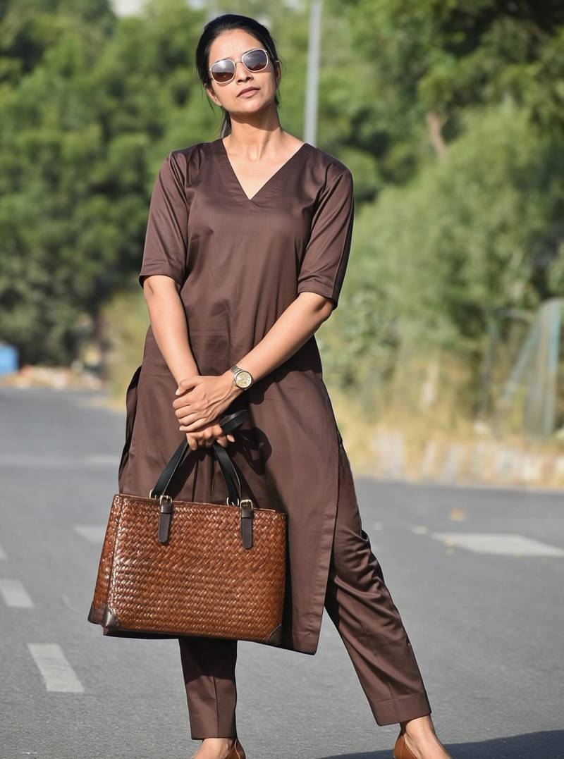 Solid Straight Brown Kurta Set for Women with Pant 3/4 Sleeve, V Neck Designer Kurta with Palazzo Pant Set