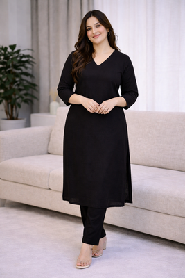 Solid Straight Brown Kurta Set for Women with Pant 3/4 Sleeve, V Neck Designer Kurta with Pant Set 1