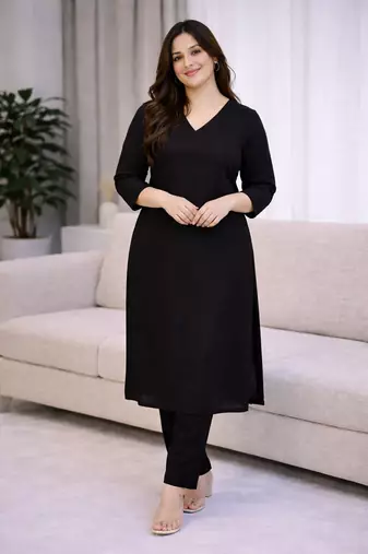 Solid Straight Brown Kurta Set for Women with Pant 3/4 Sleeve, V Neck Designer Kurta with Pant Set