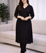 Solid Straight Brown Kurta Set for Women with Pant 3/4 Sleeve, V Neck Designer Kurta with Pant Set