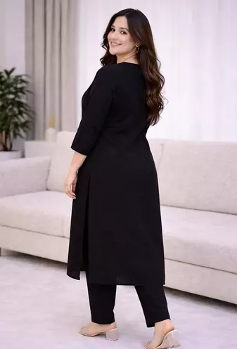 Solid Straight Brown Kurta Set for Women with Pant 3/4 Sleeve, V Neck Designer Kurta with Pant Set