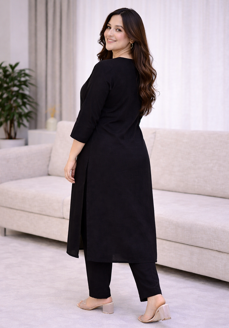 Solid Straight Brown Kurta Set for Women with Pant 3/4 Sleeve, V Neck Designer Kurta with Pant Set