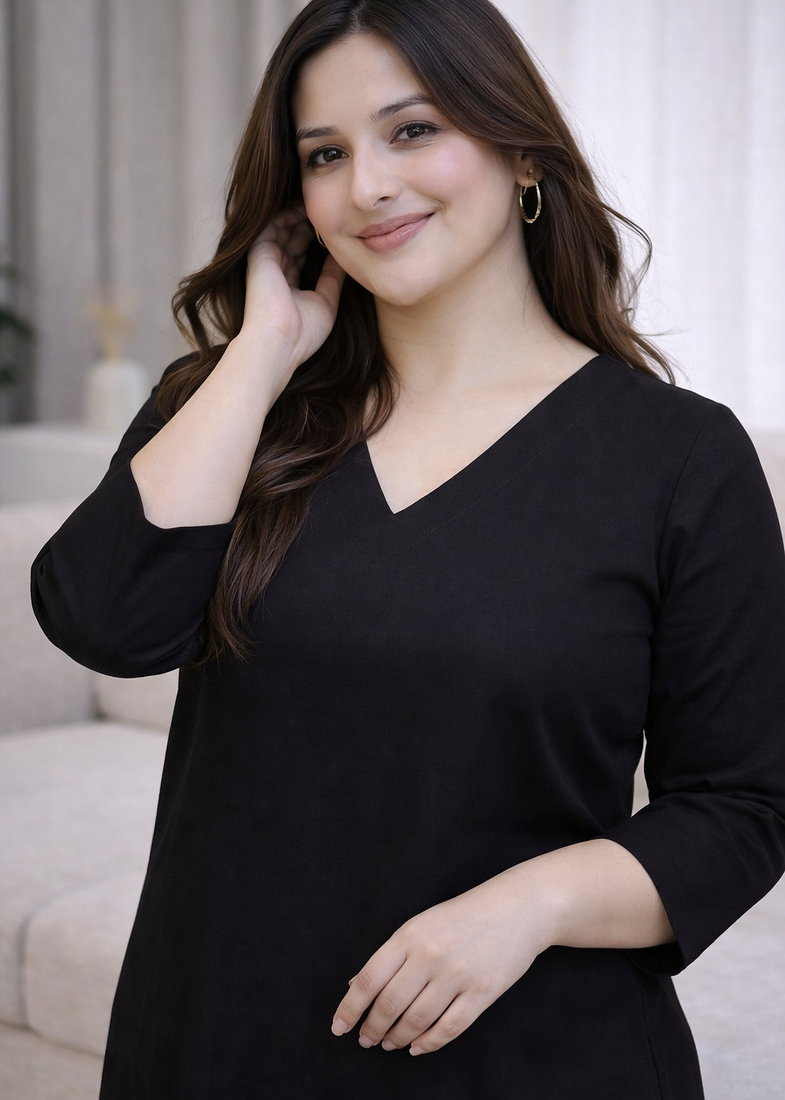 Solid Straight Brown Kurta Set for Women with Pant 3/4 Sleeve, V Neck Designer Kurta with Pant Set