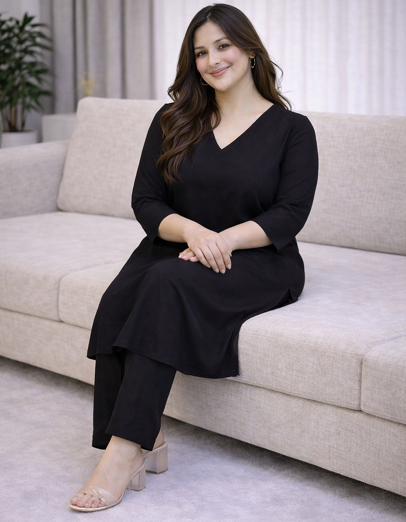 Solid Straight Brown Kurta Set for Women with Pant 3/4 Sleeve, V Neck Designer Kurta with Pant Set