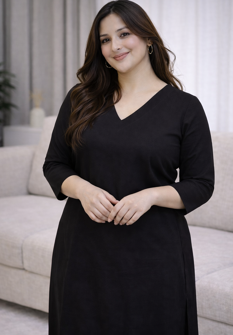 Solid Straight Brown Kurta Set for Women with Pant 3/4 Sleeve, V Neck Designer Kurta with Pant Set