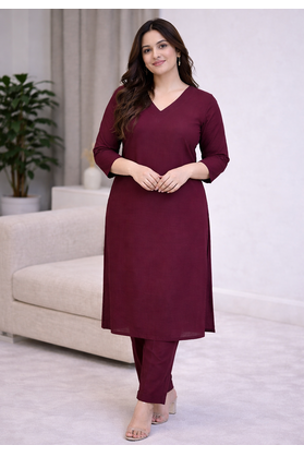 Solid Straight Brown Kurta Set for Wome0n with Pant 3/4 Sleeve, V Neck Designer Kurta with Pant Set 1