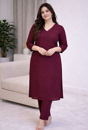 Solid Straight Brown Kurta Set for Wome0n with Pant 3/4 Sleeve, V Neck Designer Kurta with Pant Set