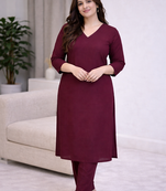 Solid Straight Brown Kurta Set for Wome0n with Pant 3/4 Sleeve, V Neck Designer Kurta with Pant Set