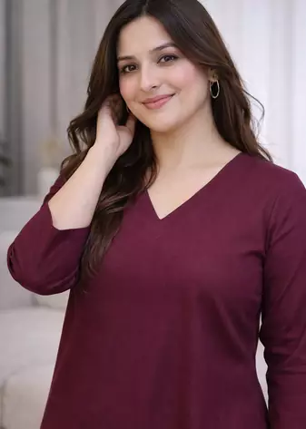 Solid Straight Brown Kurta Set for Wome0n with Pant 3/4 Sleeve, V Neck Designer Kurta with Pant Set