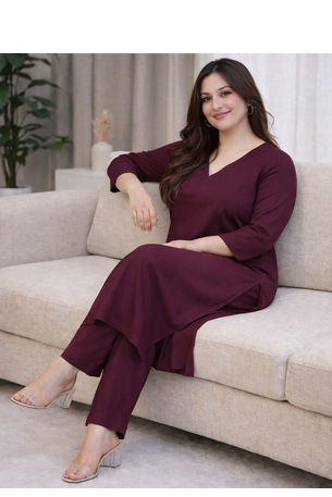 Solid Straight Brown Kurta Set for Wome0n with Pant 3/4 Sleeve, V Neck Designer Kurta with Pant Set 4