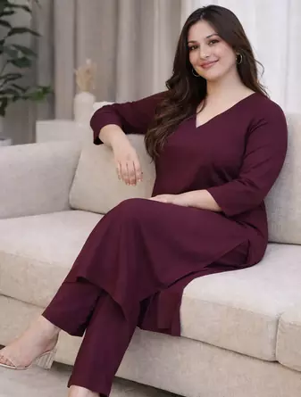 Solid Straight Brown Kurta Set for Wome0n with Pant 3/4 Sleeve, V Neck Designer Kurta with Pant Set