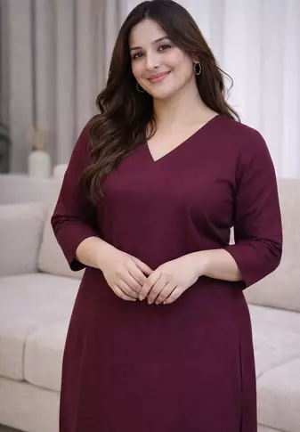 Solid Straight Brown Kurta Set for Wome0n with Pant 3/4 Sleeve, V Neck Designer Kurta with Pant Set