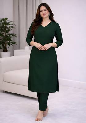 Solid Straight Brown Kurta Set for Women with Pant 3/4 Sleeve, V Neck Designer Kurta with Pant Set 1