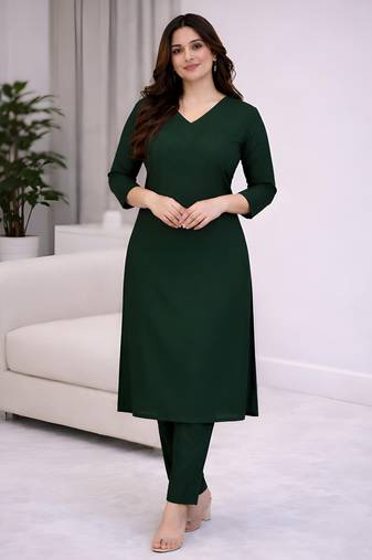 Solid Straight Brown Kurta Set for Women with Pant 3/4 Sleeve, V Neck Designer Kurta with Pant Set