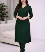 Solid Straight Brown Kurta Set for Women with Pant 3/4 Sleeve, V Neck Designer Kurta with Pant Set