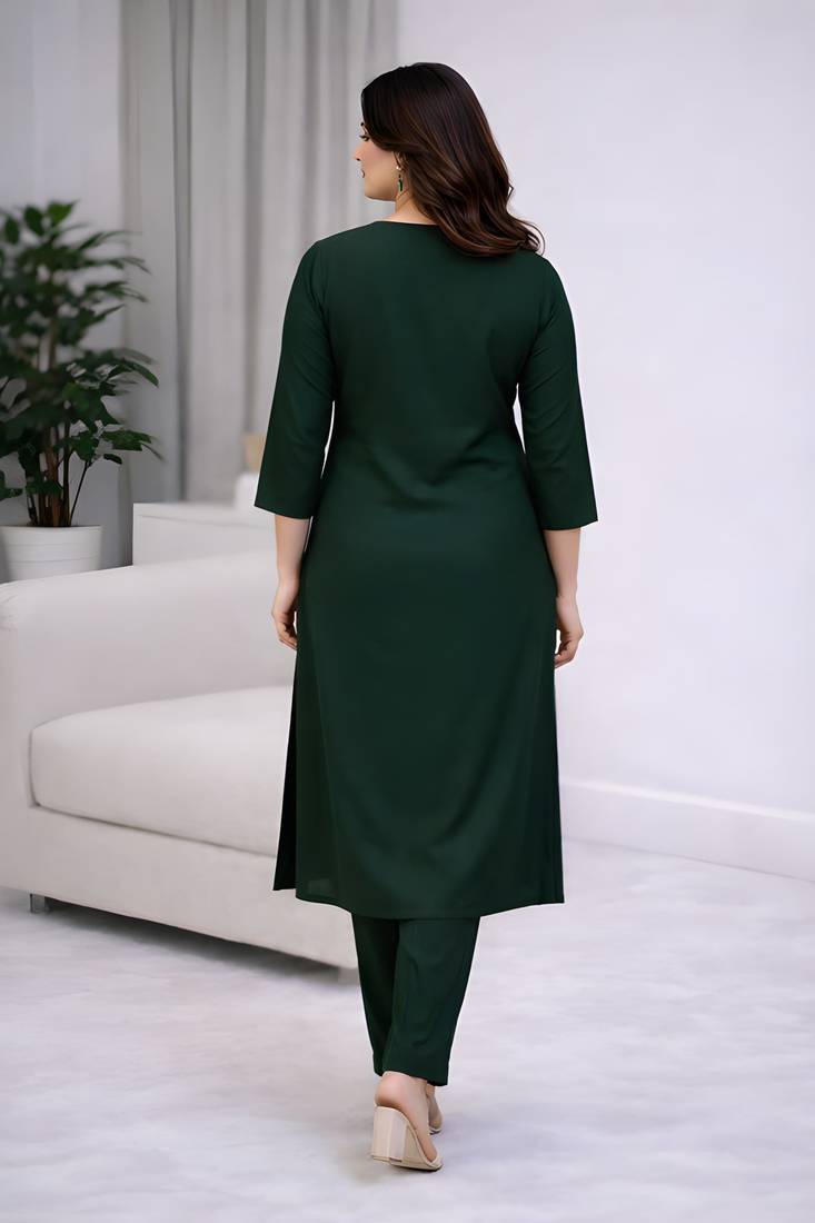 Solid Straight Brown Kurta Set for Women with Pant 3/4 Sleeve, V Neck Designer Kurta with Pant Set