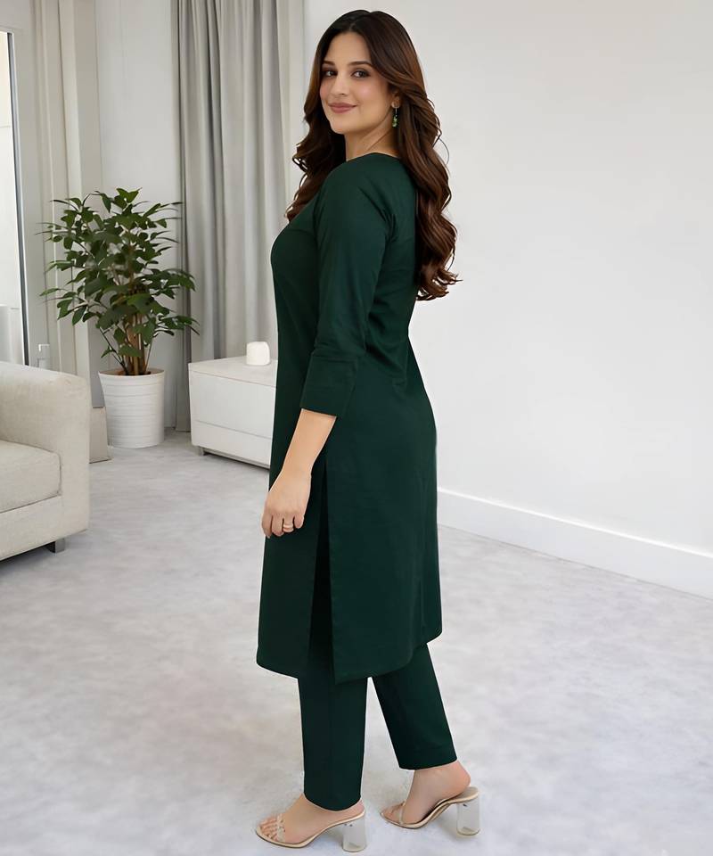 Solid Straight Brown Kurta Set for Women with Pant 3/4 Sleeve, V Neck Designer Kurta with Pant Set