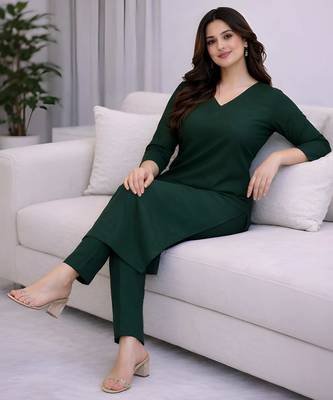 Solid Straight Brown Kurta Set for Women with Pant 3/4 Sleeve, V Neck Designer Kurta with Pant Set 5