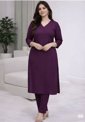 Solid Straight Brown Kurta Set for Women with Pant 3/4 Sleeve, V Neck Designer Kurta with Pant Set 1