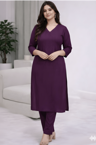 Solid Straight Brown Kurta Set for Women with Pant 3/4 Sleeve, V Neck Designer Kurta with Pant Set