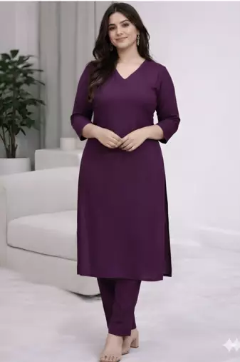 Solid Straight Brown Kurta Set for Women with Pant 3/4 Sleeve, V Neck Designer Kurta with Pant Set