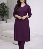 Solid Straight Brown Kurta Set for Women with Pant 3/4 Sleeve, V Neck Designer Kurta with Pant Set