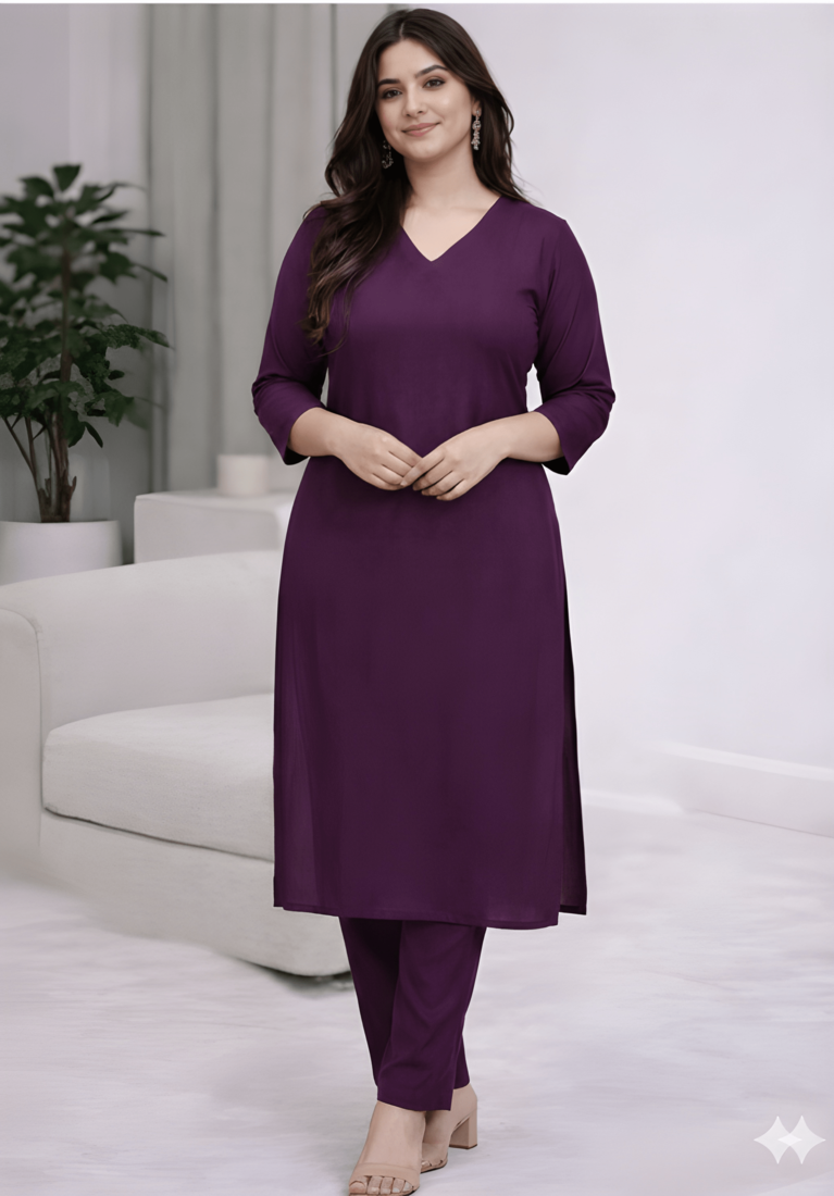 Solid Straight Brown Kurta Set for Women with Pant 3/4 Sleeve, V Neck Designer Kurta with Pant Set