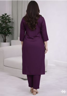 Solid Straight Brown Kurta Set for Women with Pant 3/4 Sleeve, V Neck Designer Kurta with Pant Set 2