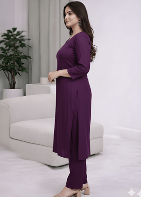 Solid Straight Brown Kurta Set for Women with Pant 3/4 Sleeve, V Neck Designer Kurta with Pant Set 3