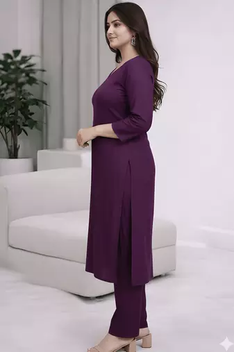 Solid Straight Brown Kurta Set for Women with Pant 3/4 Sleeve, V Neck Designer Kurta with Pant Set