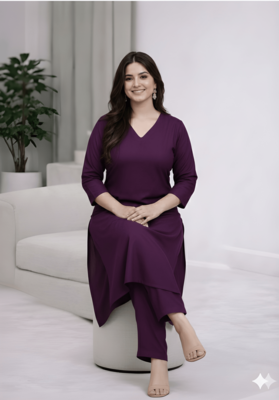 Solid Straight Brown Kurta Set for Women with Pant 3/4 Sleeve, V Neck Designer Kurta with Pant Set 5