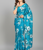 Blue printed satin saree with blouse piece