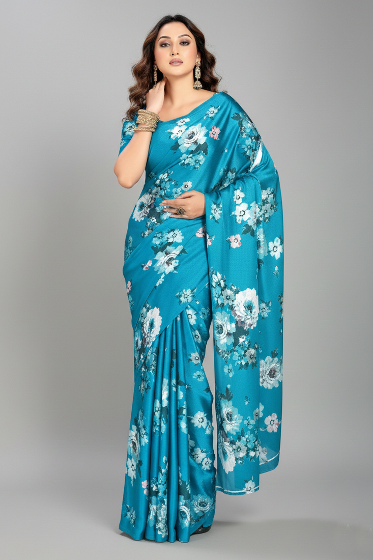 Blue printed satin saree with blouse piece