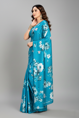 Blue printed satin saree with blouse piece 2