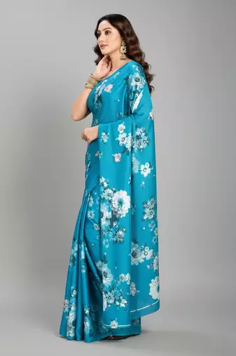 Blue printed satin saree with blouse piece