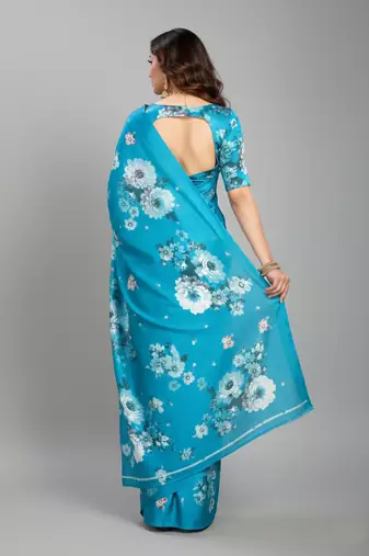 Blue printed satin saree with blouse piece