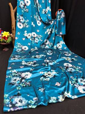 Blue printed satin saree with blouse piece 4