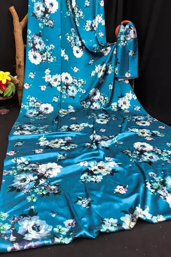 Blue printed satin saree with blouse piece