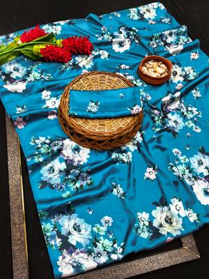 Blue printed satin saree with blouse piece 5