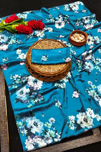 Blue printed satin saree with blouse piece