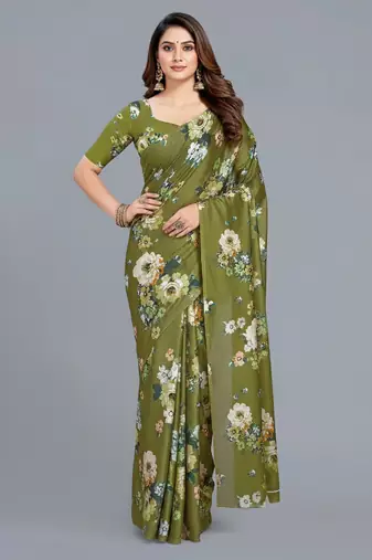 Green printed satin saree with blouse piece