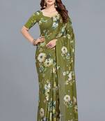Green printed satin saree with blouse piece